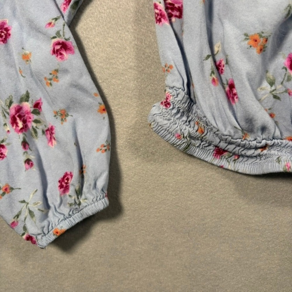 Blue Pink Floral‎ Ruffle Crop Top Long Sleeve M Cottagecore Coquette Feminine - Picture 3 of 11
